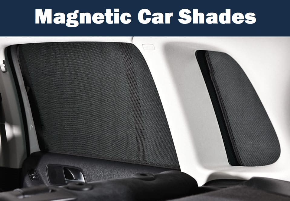 Magnetic car shades installed on a car's sun visors with 'Magnetic Car Shades' text at the top.
