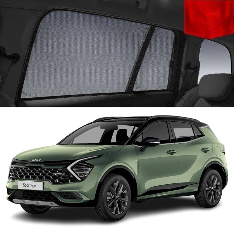 A green KIA Sportage car with snap on window sun shades installed on the rear passenger window.