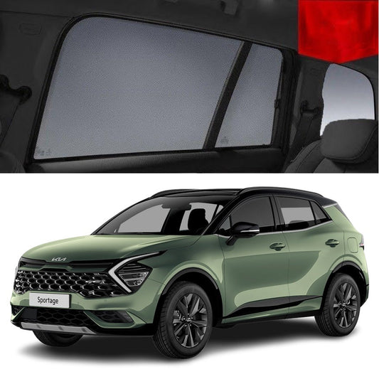 A green KIA Sportage car with snap on window sun shades installed on the rear passenger window.